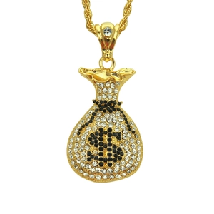 Collier Pendentif Sac d'Argent avec Signe Dollar en Alliage Strass Hip Hop avec Longue Chaîne Corde Bijoux de Mode Iced Out Cadeau pour Hommes Femmes