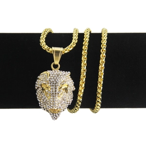 Collier Pendentif Tête de Lion Hip Hop pour Hommes Alliage Plaqué Or avec Strass Incrustés Bijoux Chaîne Vénitienne