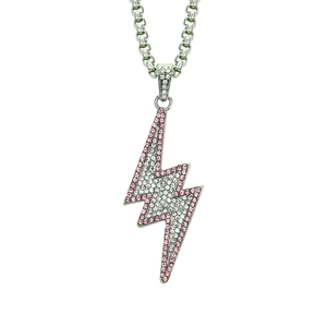 Hip hop lightning bolt pendant necklace with pink and white rhinestones on silver chain