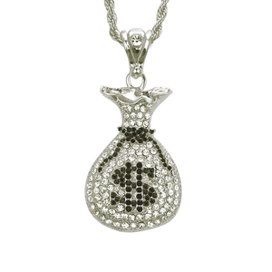 Collier hip hop pour homme avec pendentif sac d'argent et cristaux brillants