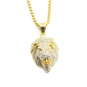 Collier hip hop pour homme avec pendentif tête de lion doré orné de cristaux et chaîne box