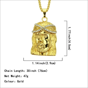 Gold Jesus head pendant necklace with white crystals, size 4.5x2.9cm with 76cm chain