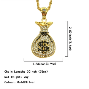 Pendentif hip hop sac d'argent avec zircons et chaîne torsadée dorée de 76 cm pour homme