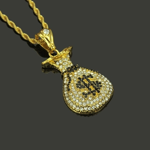Collier pendentif sac d'argent doré hiphop avec signe dollar en diamants noirs et chaîne