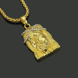 Golden hip hop Jesus piece pendant necklace with sparkling crystal inlay on box chain