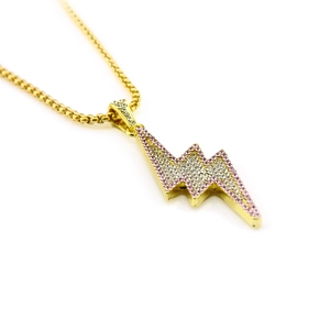 Hip hop lightning pendant necklace in gold metal with pink and clear cubic zirconia