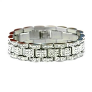 Bracelet hip hop argenté avec trois rangées de strass au style classique de montre