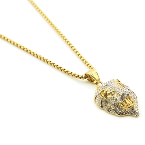 Collier hip hop pour homme avec pendentif tête de lion plaqué or et strass blancs