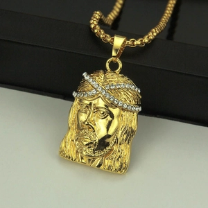 Hip hop gold plated Jesus head pendant necklace with box chain and sparkling crystals