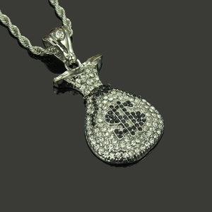 Collier hip-hop avec pendentif sac d'argent, signe dollar noir et strass blancs