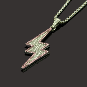 Hip hop lightning bolt pendant necklace with pink and white rhinestones in silver finish
