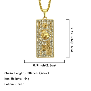 Collier hip hop doré avec pendentif un million de dollars et cristaux brillants 76cm