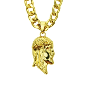 Hip hop style gold Jesus face pendant with Cuban link chain for men in punk aesthetic