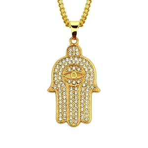 Hamsa Hand Evil Eye Pendant Necklace For Men Hip Hop Rhinestone Inlaid Alloy Cuban Chain Gold Color Fashion Jewelry
