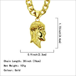Hip hop Jesus pendant necklace in gold plated metal with 76cm Cuban link chain