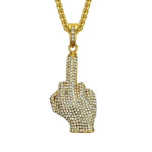 Collier Hip Hop Homme Pendentif Doigt Moyen Alliage Plaqué Or Incrusté de Strass Bijoux de Geste de la Main pour Fête