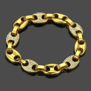 Bracciale a catena dorata con strass scintillanti stile hip-hop a chicco di caffè