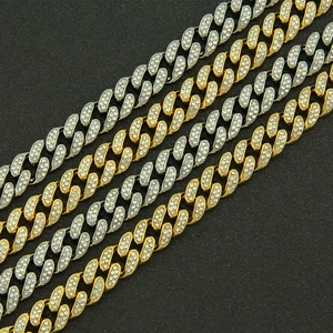 Hip hop 13mm iced out Cuban chain necklace in gold and silver finish with rhinestones