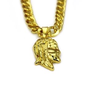 Detailed close-up of a 3D Jesus head pendant with intricate crown of thorns in gold finish