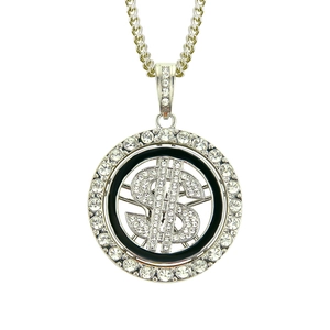 Collana hip hop con ciondolo dollaro rotante e strass luccicanti su catena argento