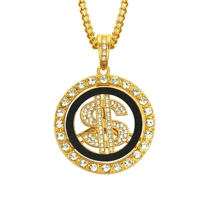 Collana hip hop con ciondolo rotante segno del dollaro oro con cristalli per uomo