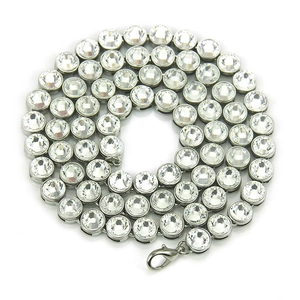 Hip hop silver tennis chain with large clear crystals and lobster clasp on white background