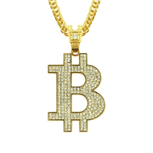 Hip Hop Bitcoin B Pendant Necklace For Men Shiny Rhinestone Inlaid Cuban Chain Gold Silver Plated Streetwear Fashion Jewelry