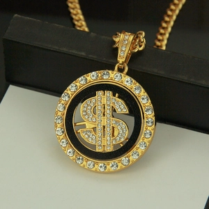 Collana hip hop con ciondolo dollaro rotante in oro e strass lucidi su catena cubana
