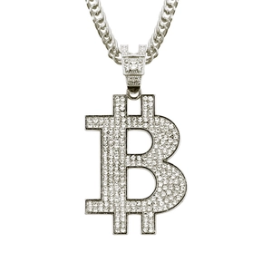Iced out Bitcoin symbol B pendant necklace with sparkling rhinestones and Cuban link chain