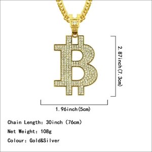 Iced out gold Bitcoin letter B pendant necklace with a thick chain for hip hop street style