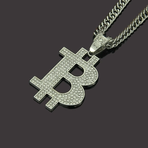 Silver iced-out Bitcoin pendant necklace with chunky Cuban chain for hip hop street style