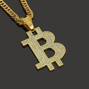 Iced out Bitcoin pendant necklace with golden Cuban link chain for hip hop street style