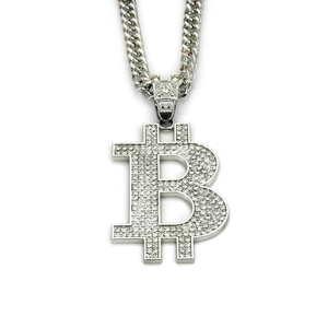 Close-up of iced-out Bitcoin symbol pendant on a silver-plated Cuban link chain