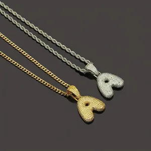 Hip hop micro-pave zircon letter A pendant with rope or Cuban link chain necklace