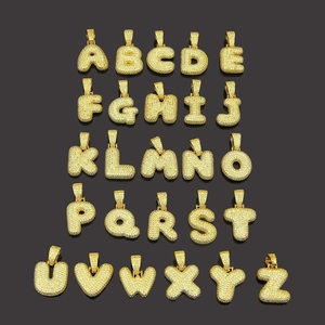 Hip hop bubble letter pendants A-Z in gold finish with micro paved zircon stones
