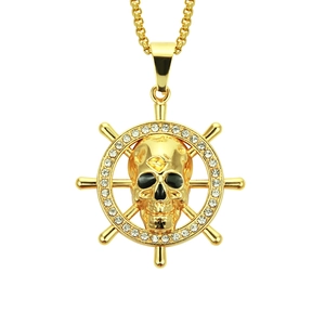 Collier Pendentif Crâne et Barre de Navire Punk Hip Hop Hommes Alliage Or Argent Plaque Incrusté de Strass Bijoux Nautiques