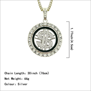Collana con pendente dollaro rotante argento con strass e catena da 76 cm