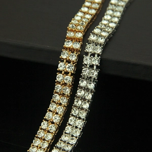 Bracciale tennis hip hop da uomo a doppia fila con strass scintillanti in oro e argento