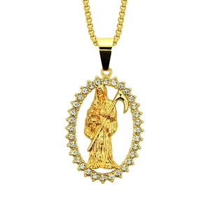 Gold Santa Muerte pendant with sparkling rhinestones and a square box chain for hip hop style