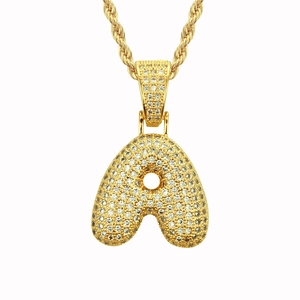 Detailed view of hip hop bubble letter A pendant with micro-paved zircons and rope chain