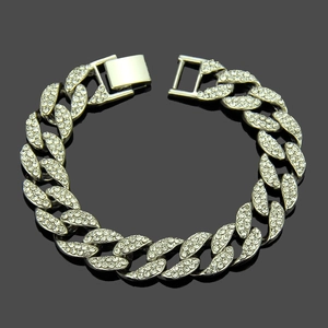 Bracelet Cuban Link hip hop serti de cristaux argentés brillants pour hommes branchés