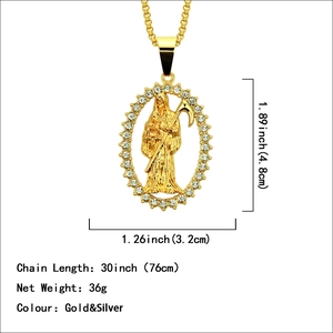 Hip hop Santa Muerte pendant necklace in gold and silver finish with crystal rhinestones