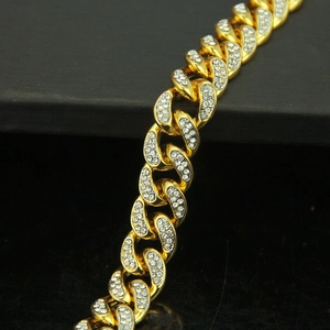 Iced out gold Cuban link bracelet for men with paved square buckle and sparkling stones