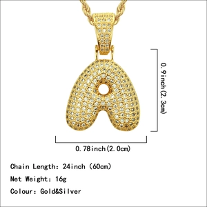 Hiphop bubble letter A pendant necklace with micro-paved zircons on gold twisted rope chain