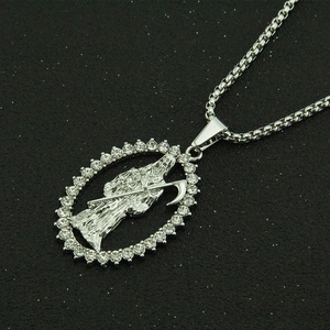 Hip hop silver grim reaper pendant necklace with sparkling diamonds for men