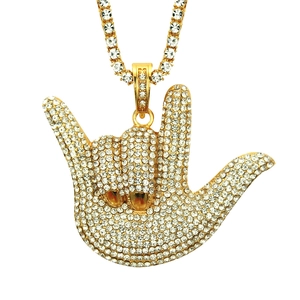 Iced Out I Love You Hand Sign Pendant Necklace For Men Hip Hop Bling Alloy Rhinestone Tennis Chain Streetwear Jewelry