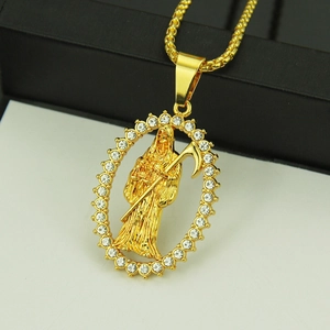 Gold Santa Muerte pendant with rhinestones and box chain for hip hop style
