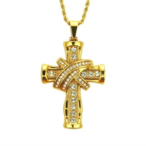 Goldener 3D Kreuzanhänger Halskette mit glitzernden Strasssteinen in modernem Design
