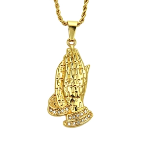 Hip Hop Praying Hands Pendant Necklace For Men Zinc Alloy Cross Texture Gold Rope Chain Inlaid Rhinestone Religious Jewelry