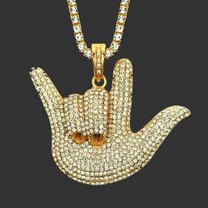 Detailed view of hip hop I Love You hand gesture pendant with sparkling white rhinestones